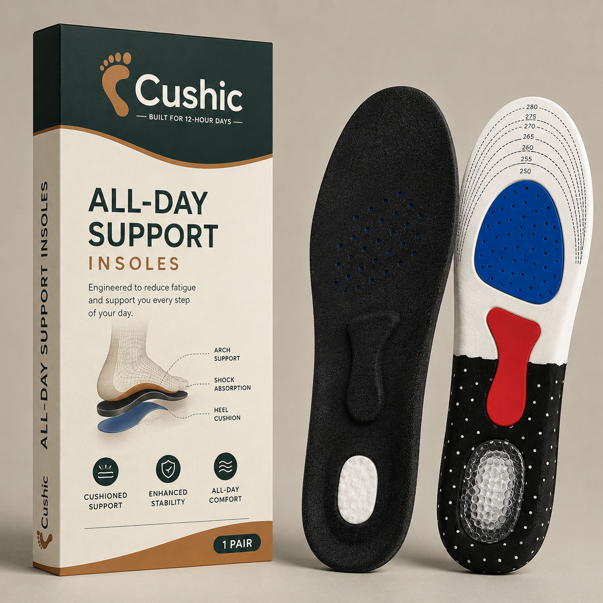 Cushic Insoles — 2 Pack, Shock-Absorbing Cushioned Support