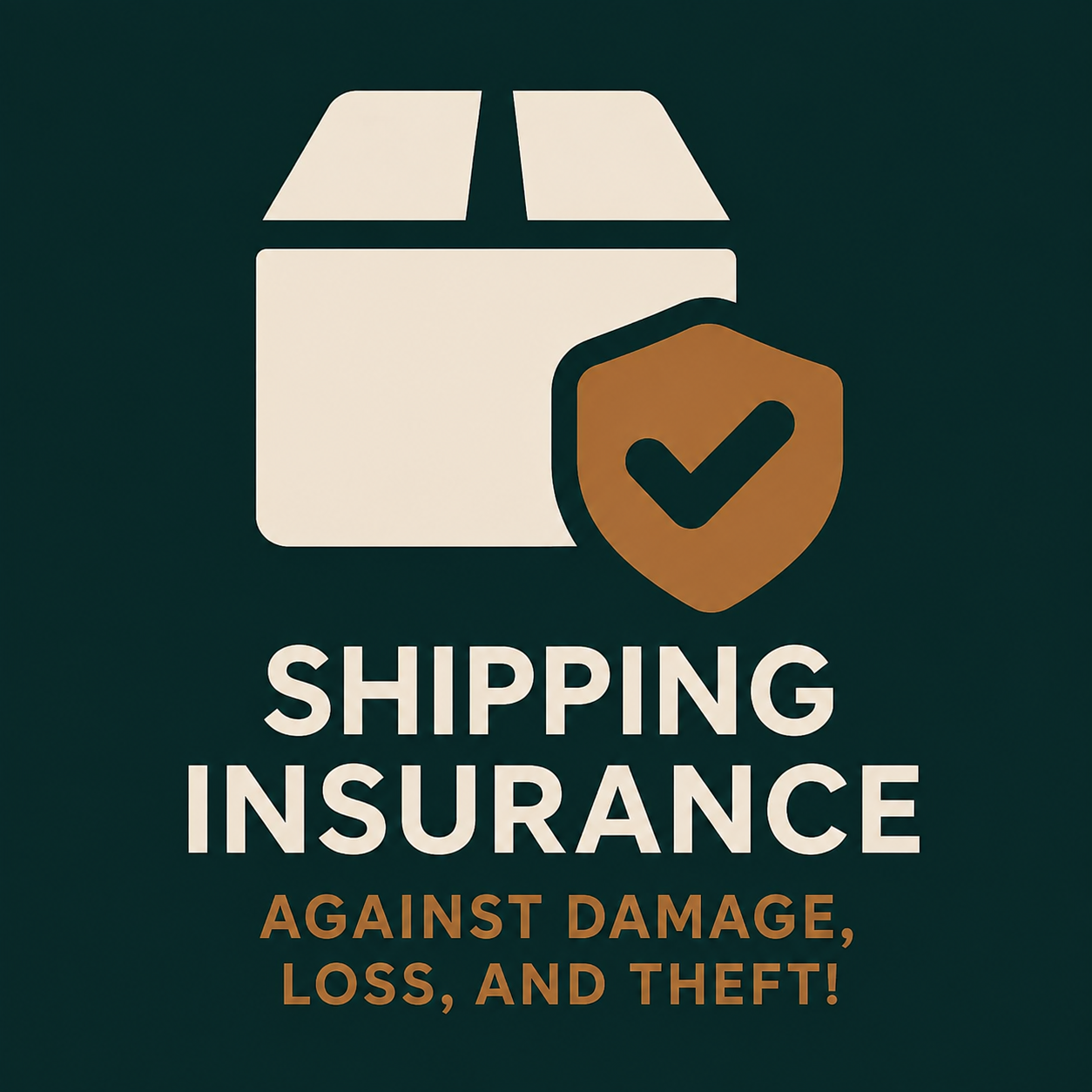 A digital graphic with a dark green background featuring a beige box icon, a brown shield with a checkmark, and the text 'SHIPPING INSURANCE' and 'AGAINST DAMAGE, LOSS, AND THEFT!' in white and orange.